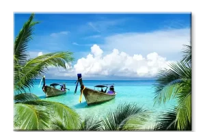 boats in the water with palm trees