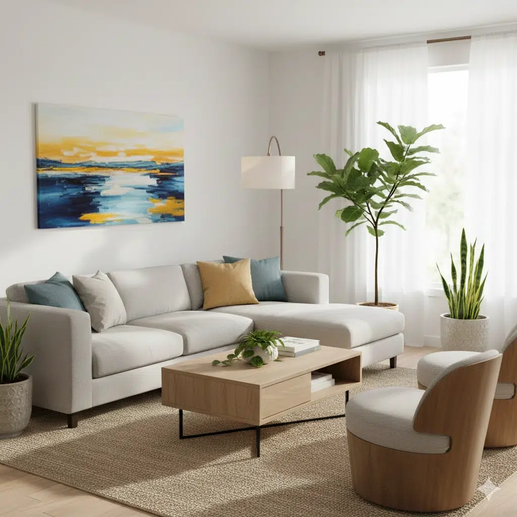 Vászonkép 3 Modern nappali, világos vászonkép színekkel.