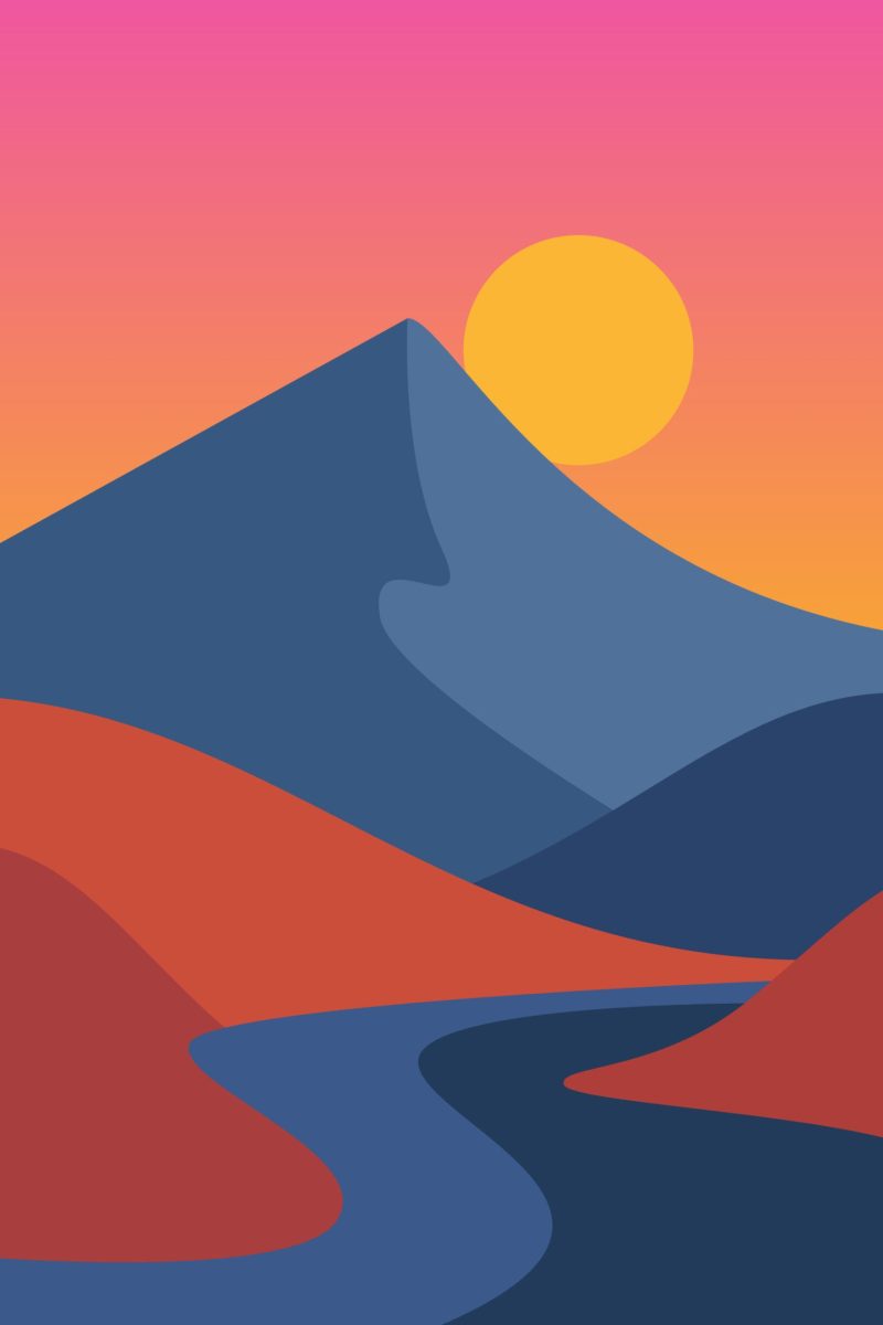 Hegyes tájkép napnyugta